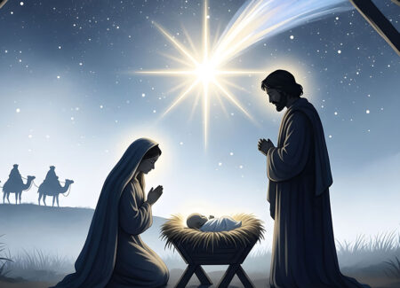 Narodziny Jezusa, sylwetka Maryi Józefa i Dzieciątka pod gwiazdą Betlejemską, w tle 3 królowie